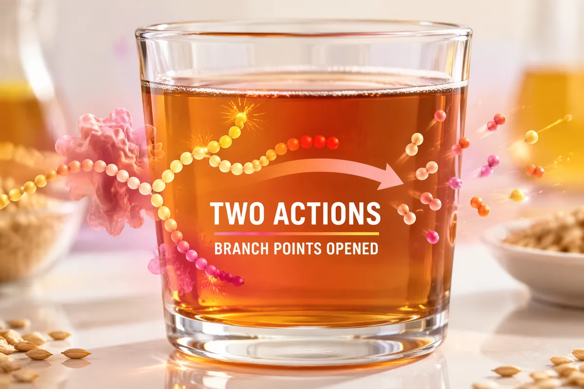 Diagram of branched starch chains over a glass of amber liquid: one enzyme trims chain ends while a second opens the branch points