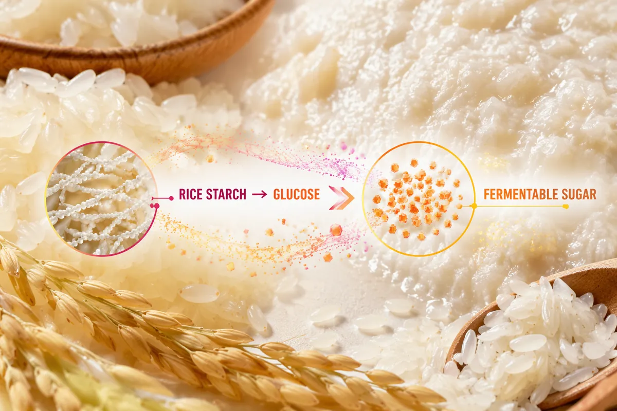 Rice grains, rice stalks and cooked rice around a diagram of rice starch chains being broken into glucose units
